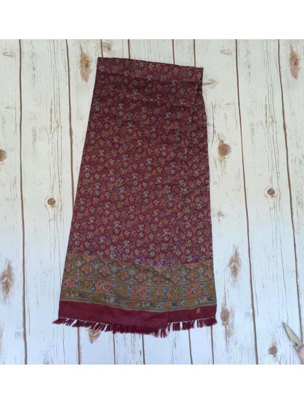 Burgundy Patterned Scarf with Fringe Detailing